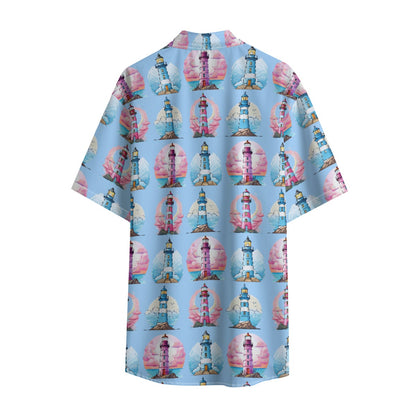 Light Blue Men's Lighthouse Button-Up Shirt with Lightweight Stretch Fabric Cruise Vacations Sailing