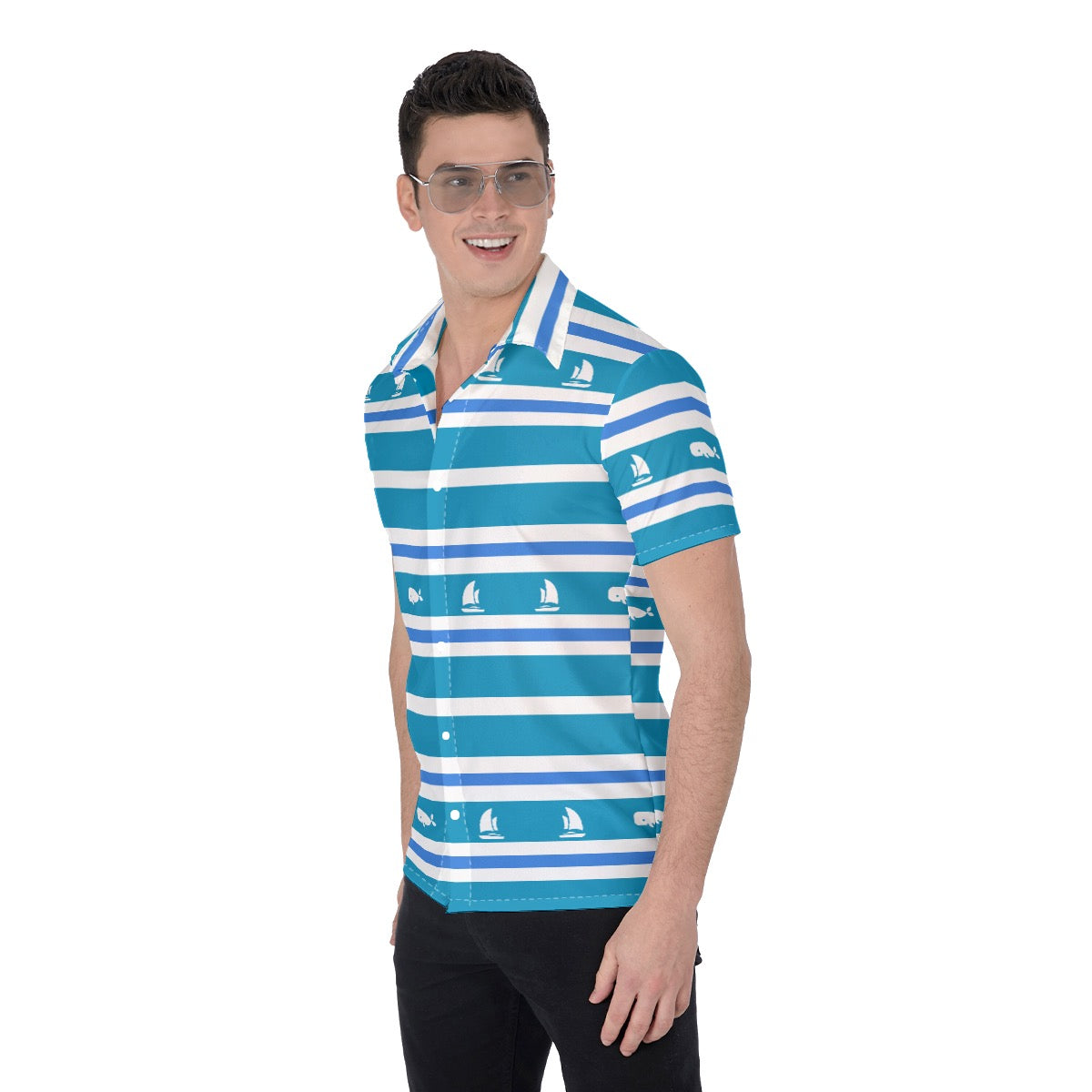Men’s Sailboat & Whale Striped Button-Up Shirt Blue & White Nautical Cruise Top Lightweight