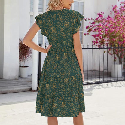 Vintage Nautical Cruise Dress Sea Green & Gold with Pockets Women's Midi Dress