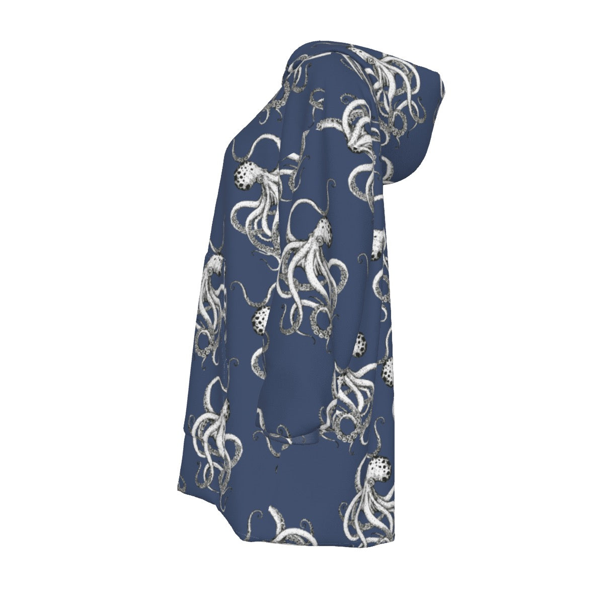 Navy Blue Vintage Octopus Print Cozy Fleece Oversized Sweatshirt Women's Sherpa Fleece Hoodie Blanket