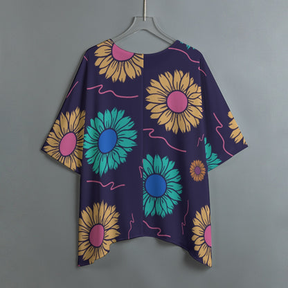 Women’s Boho Batwing Sleeve Blouse Blue Pink Yellow Colorblock Flowy Shirt