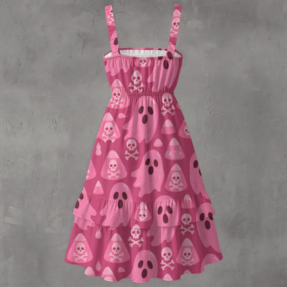 Boo To You Pink Ghost Women's All-Over Print Women‘s Ruffle Hem Dress Matching Couples Outfit
