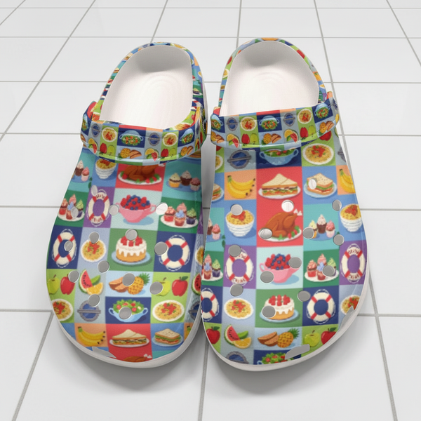 Women’s Colorful Cruise Buffet Clogs Fun Food Print Waterproof Travel Shoes for Cruise Pizza Snacks