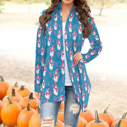 Pink Blue Snowman Graphic Cardigan Ladies Winter Holiday Sweater