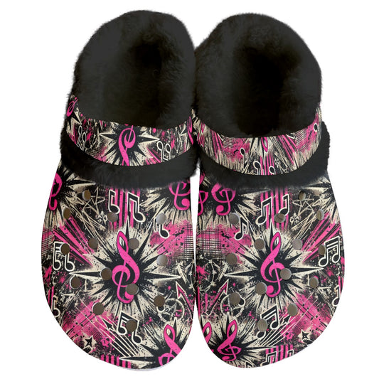 Women's Classic Pink Punk Rock Rockabilly Fleece Clogs Music Notes Design | Anti-Slip EVA