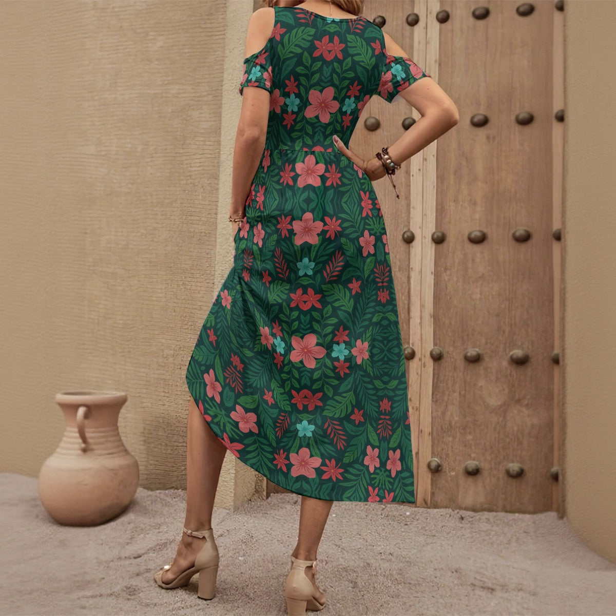 Relaxing Vacation Floral All-Over Print Women's V-neck Off-shoulder Dress Matching Couples Outfit
