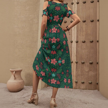 Relaxing Vacation Floral All-Over Print Women's V-neck Off-shoulder Dress Matching Couples Outfit