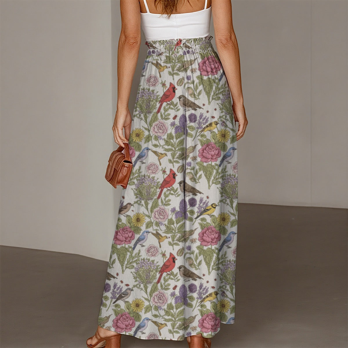 Vintage Bird Print Flare Pants for Women Summer Garden & Flower Show Outfit