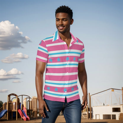Men’s Starfish Striped Button-Up Shirt Pink Blue White Lightweight Beach & Cruise Top