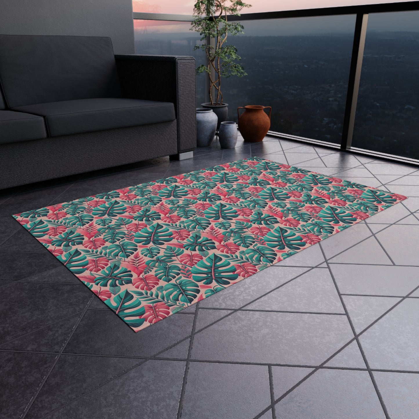 Don't Worry Be Happy Tropical Leaf Print Indoor Outdoor Rug Pink Patio Deck Decor Bedroom Custom Mat Home Decor Exclusively by Kissa Doody