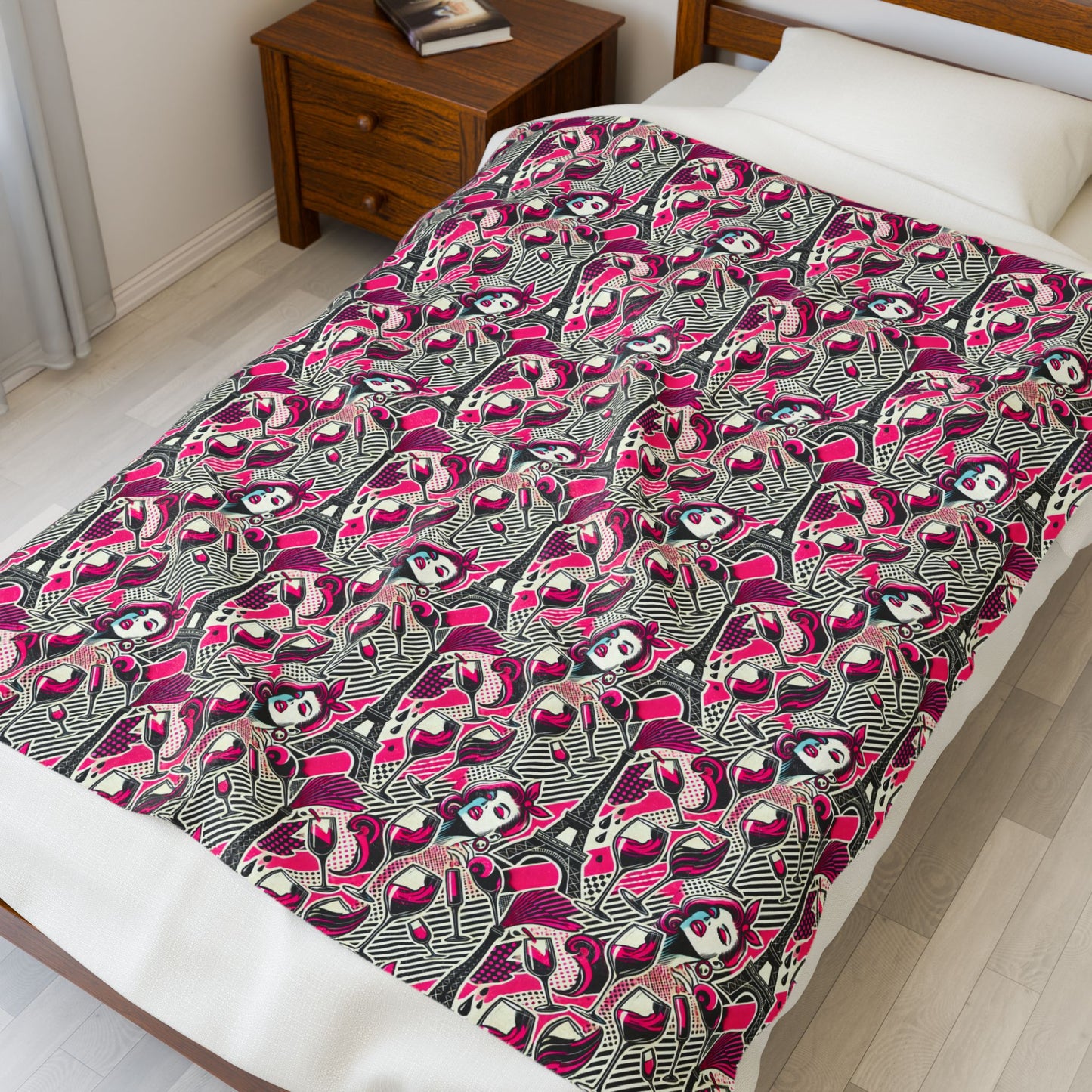 Eiffel De Chic Wine Velveteen Super Soft Plush Pink Paris Blanket for Home Bedroom by Kissa Doody
