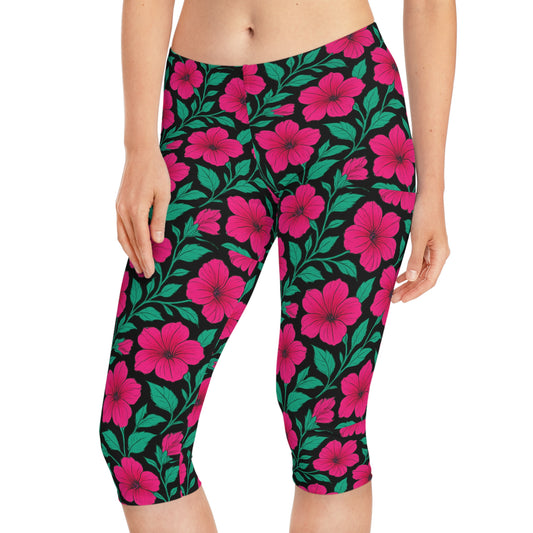 Petunia Madness Black & Pink Tropical Floral Spring Summer Women Capri Pants for Garden Parties Spring Trends by Kissa Doody