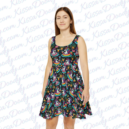 Unicorn Cheers From Rainbow Land Drinking Pool Party Spring Print Black Women's Teens Fun Summer Dress Exclusively by Kissa Doody