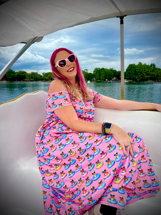 Rubber Duck Print Dress for Women Pink Open Shoulder Pocket Dress Cruise Jeep Outfit