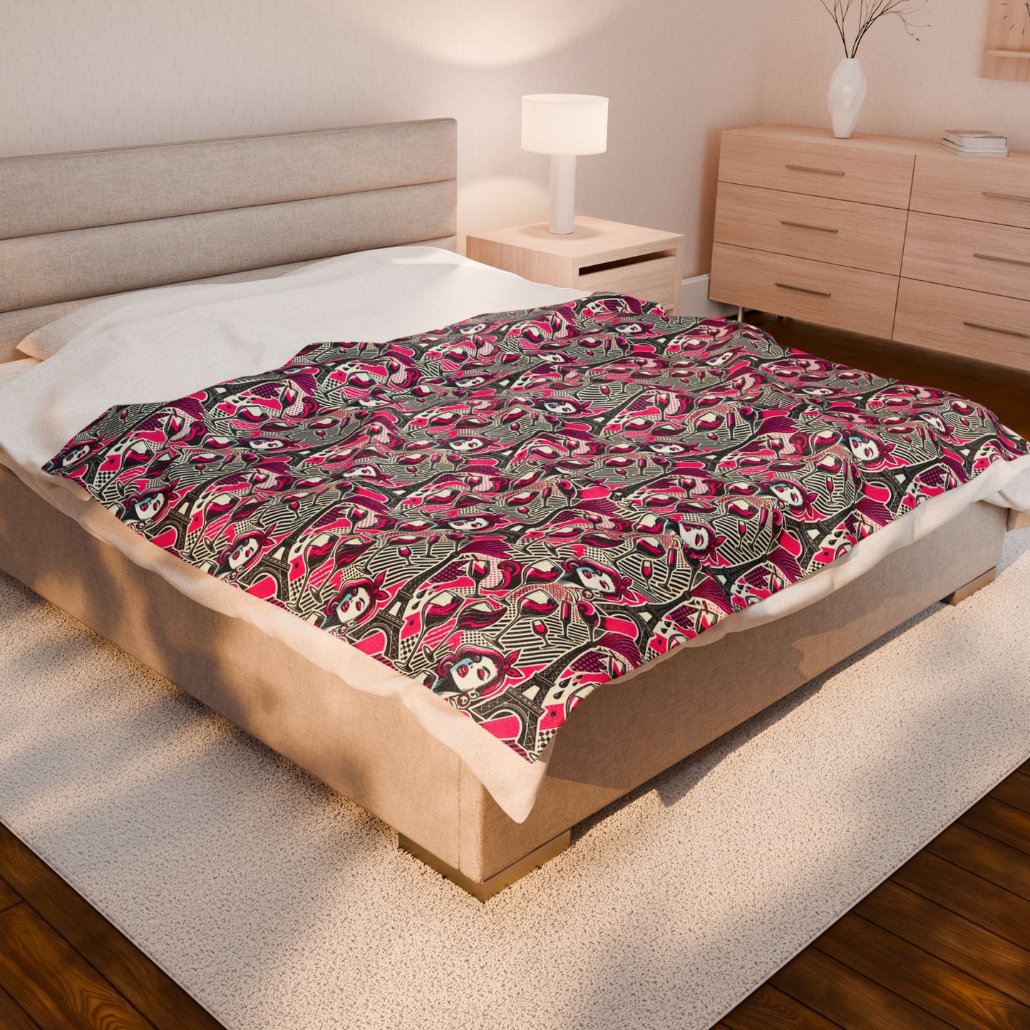 Eiffel De Chic Wine Velveteen Super Soft Plush Pink Paris Blanket for Home Bedroom by Kissa Doody