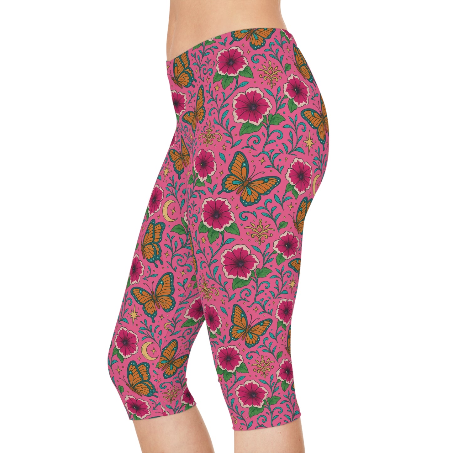 Butterflies Lunch Pink Tropical Floral Summer Women Capri Pants for Garden Parties Spring Trends by Kissa Doody
