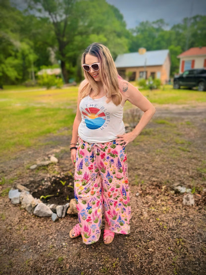 Pink Floral Flare Pants for Women Spring Garden & Event Outfit