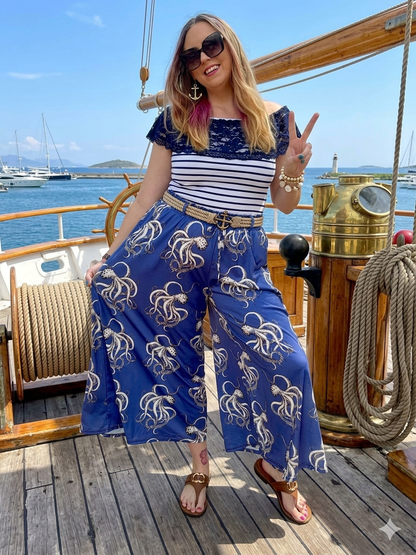 Navy Octopus Bell Bottom Pants for Women Nautical Cruise Outfit