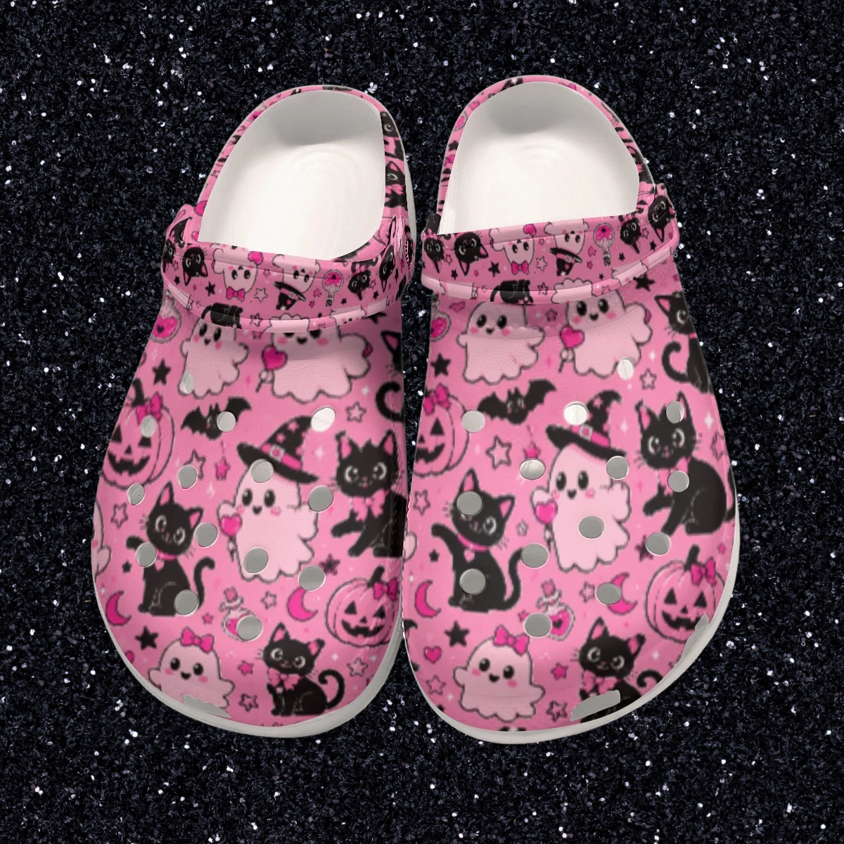 Glam Halloween Pink Ghost Black Cat Fun All-Over Print Women's Classic Clogs