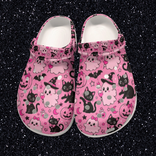 Glam Halloween Pink Ghost Black Cat Fun All-Over Print Women's Classic Clogs