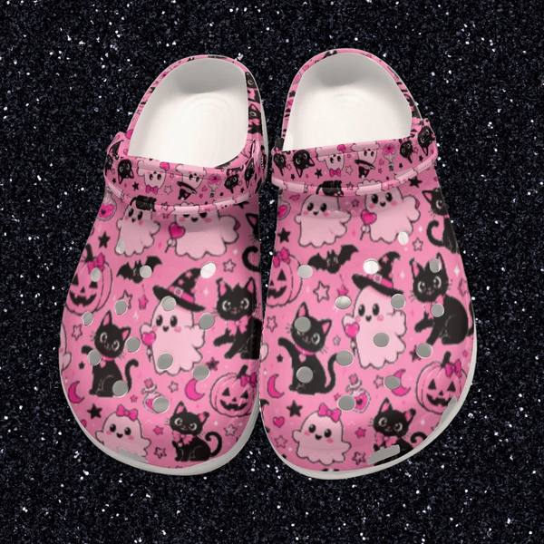 Glam Halloween Pink Ghost Black Cat Fun All-Over Print Women's Classic Clogs