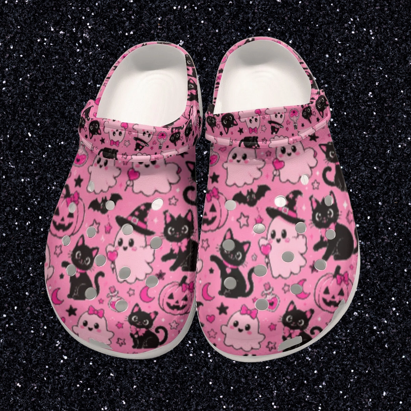 Glam Halloween Pink Ghost Black Cat Fun All-Over Print Women's Classic Clogs
