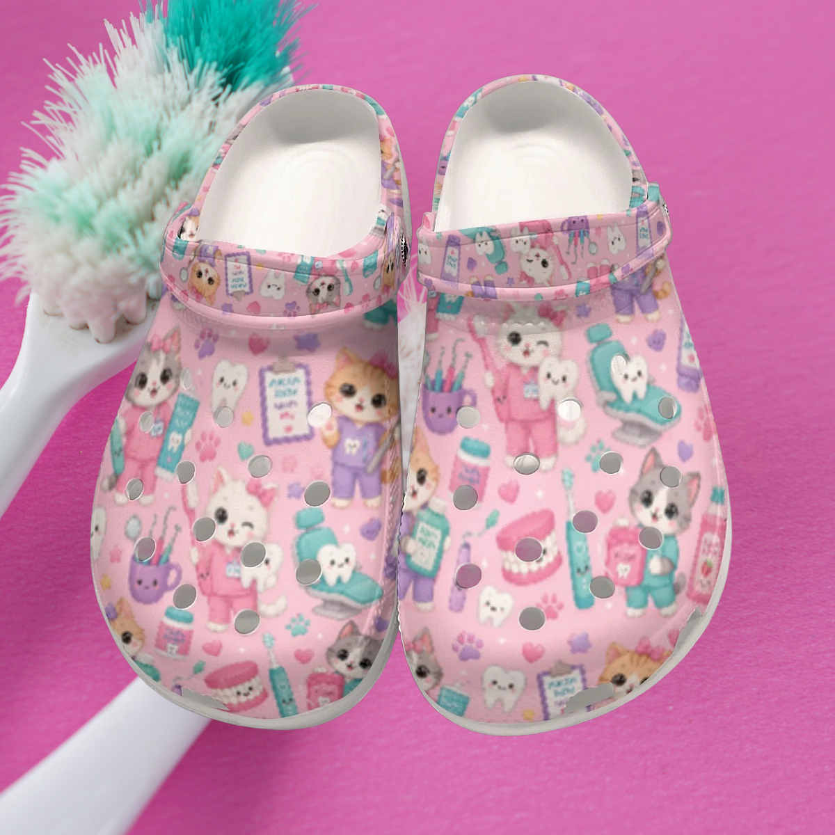 Pink Dental Dentist Kitty Cat Cute Themed Classic Clogs for Women