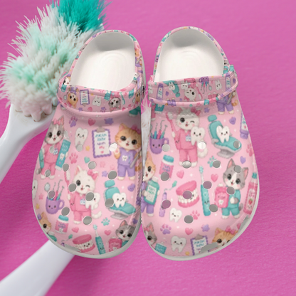 Pink Dental Dentist Kitty Cat Cute Themed Classic Clogs for Women