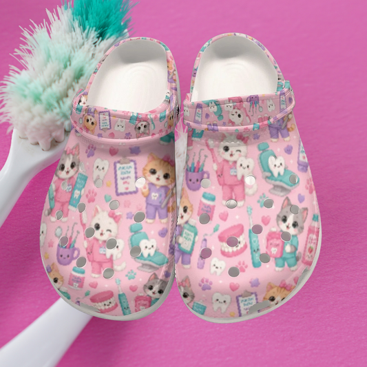Pink Dental Dentist Kitty Cat Cute Themed Classic Clogs for Women