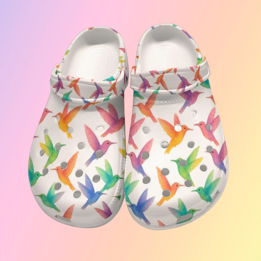 Rainbow Hummingbirds Women's White Rubber Garden Clogs Lightweight Flower Vendor Shoes