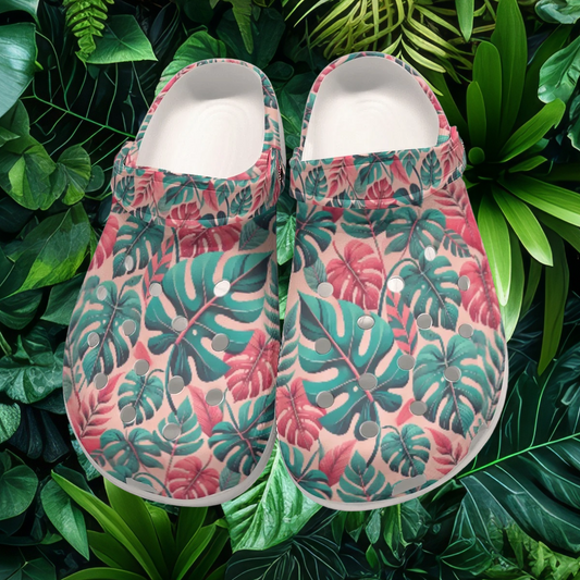Women's Classic Clogs PINK AND GREEN TROPICAL LEAF Garden Clogs Lightweight Soft EVA Anti-Slip