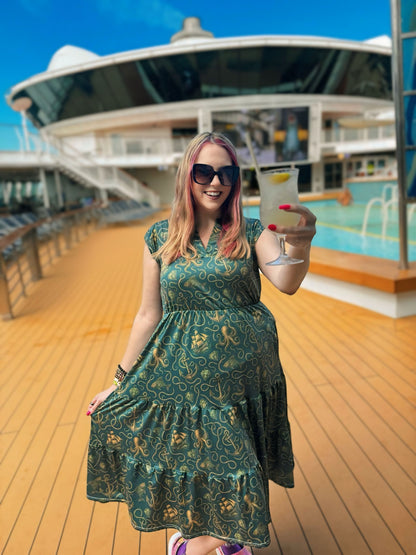 Vintage Nautical Cruise Dress Sea Green & Gold with Pockets Women's Midi Dress